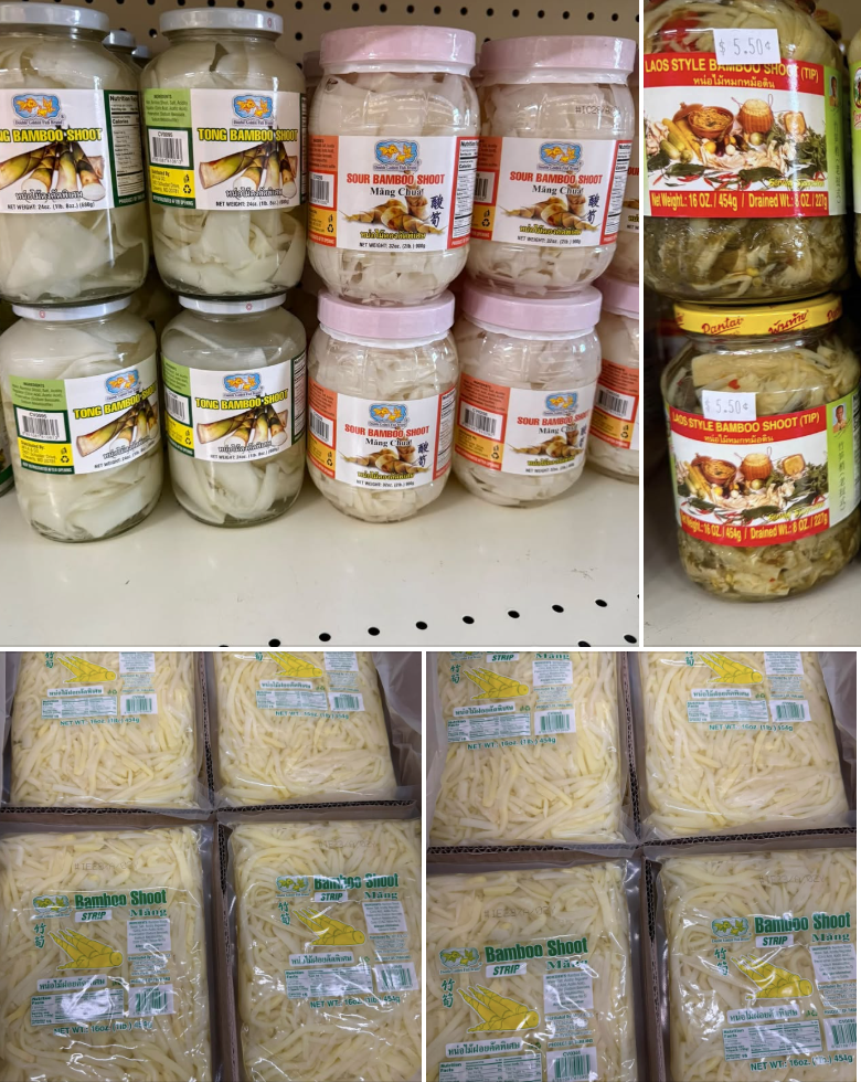 Jars and packages of bamboo shoots and other Asian pantry staples